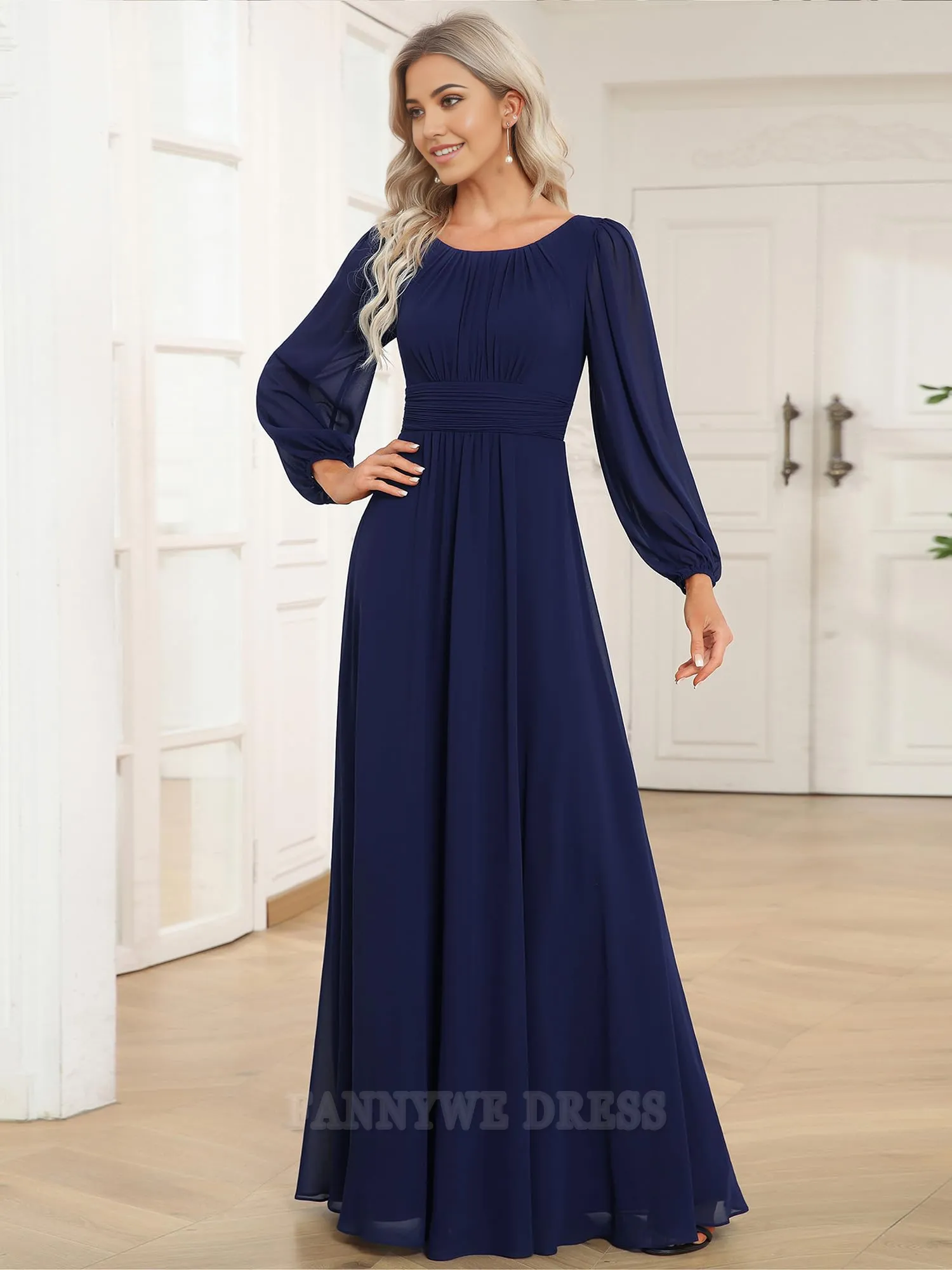 A-Line Crewneck Sleeves Pleated Chiffon formal dresses Bridesmaid Dresses evening gown Prom Dress