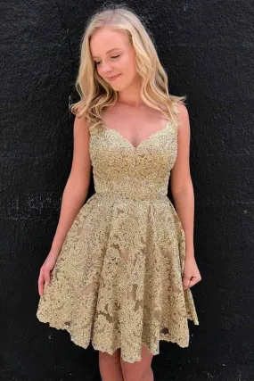 A-line V-neck Short Prom Dresses Lace Beading Homecoming Dresses