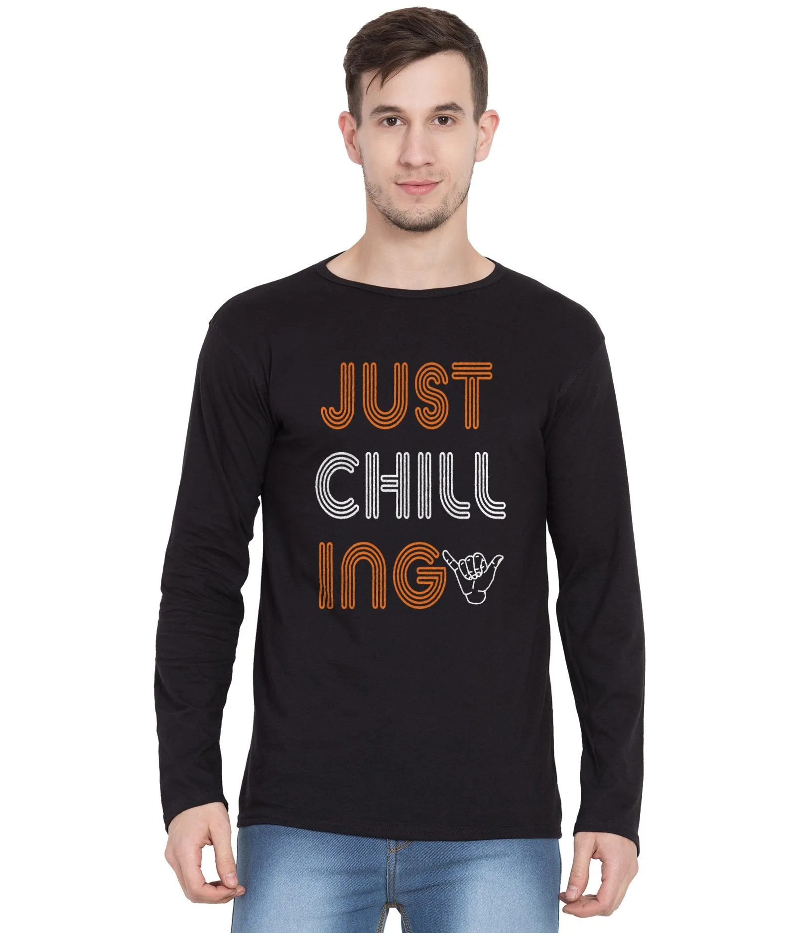 AmericanElm Men's Round Neck Cotton Full Sleeves Printed Tshirt-  Just Chilling