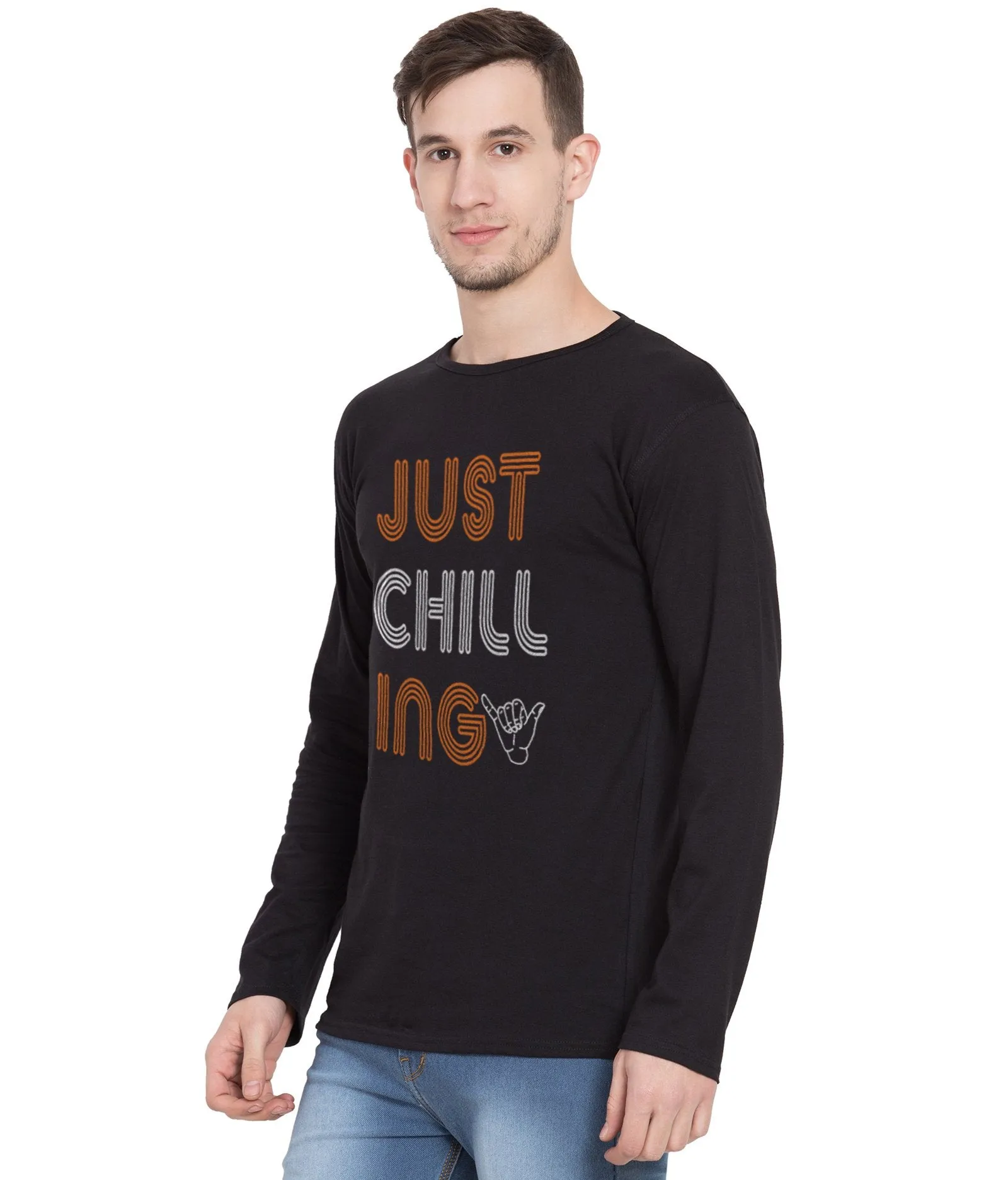 AmericanElm Men's Round Neck Cotton Full Sleeves Printed Tshirt-  Just Chilling