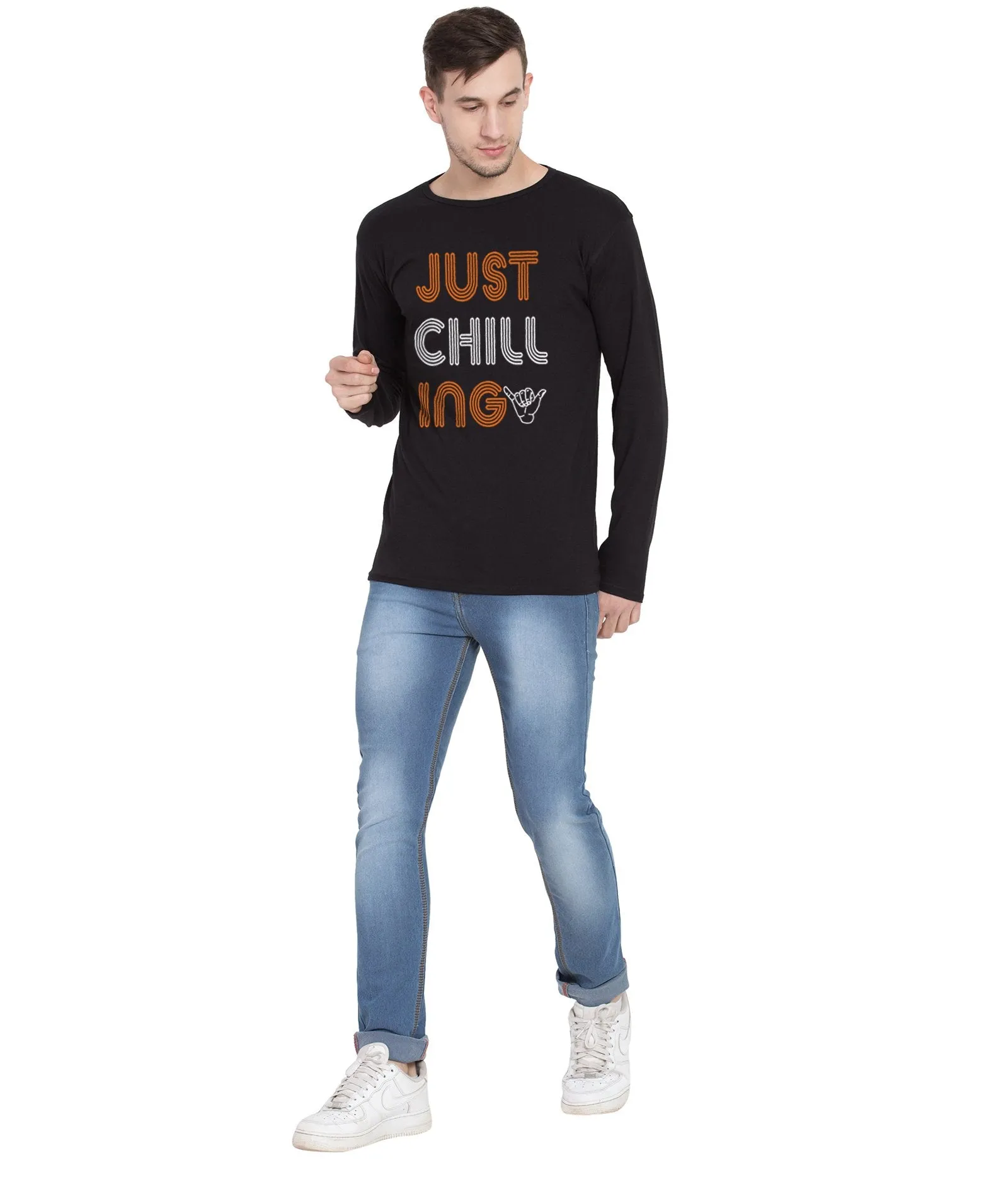AmericanElm Men's Round Neck Cotton Full Sleeves Printed Tshirt-  Just Chilling