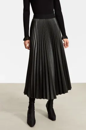 AMII Retro Pleated PU Leather Long Skirt