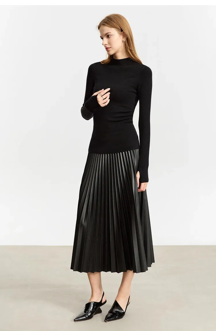 AMII Retro Pleated PU Leather Long Skirt