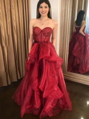 Beading Sweetheart Tulle Long Prom Dresses Burgundy Formal Dress MG296