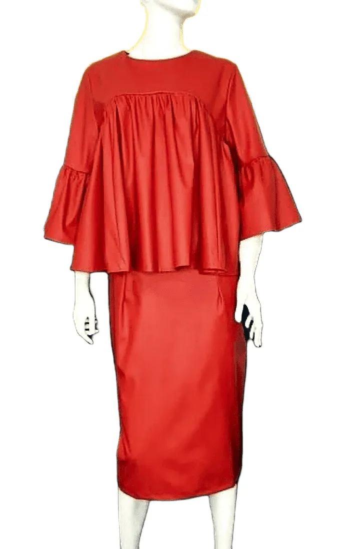 Bell Sleeve Faux Leather Skirt Suit
