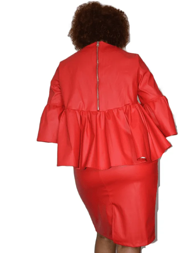 Bell Sleeve Faux Leather Skirt Suit