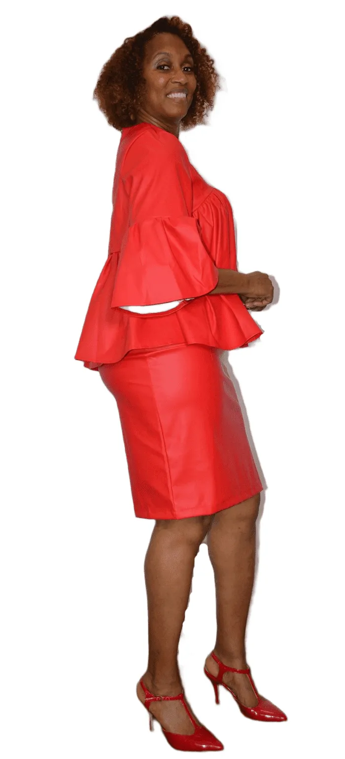 Bell Sleeve Faux Leather Skirt Suit