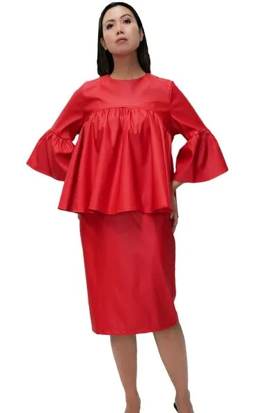 Bell Sleeve Faux Leather Skirt Suit