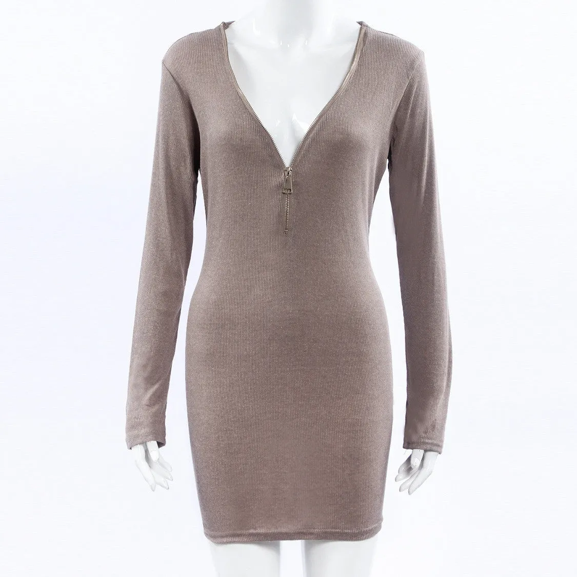 Big Sale Women Autumn Fashion Sexy Long Sleeve V-neck Front Zipper Knee-Length Pink Brown Bodycon Keep Warm Casual Dress S-XL