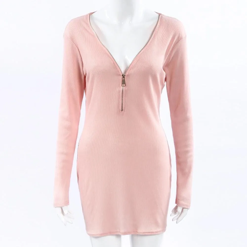 Big Sale Women Autumn Fashion Sexy Long Sleeve V-neck Front Zipper Knee-Length Pink Brown Bodycon Keep Warm Casual Dress S-XL