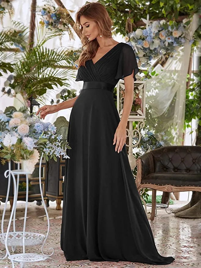 Black Women's Short Sleeve V-Neck Long Evening Dress - Ever Pretty