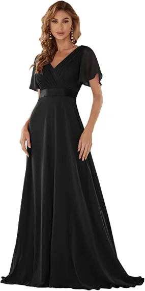 Black Women's Short Sleeve V-Neck Long Evening Dress - Ever Pretty