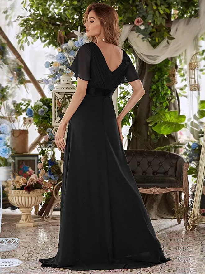 Black Women's Short Sleeve V-Neck Long Evening Dress - Ever Pretty