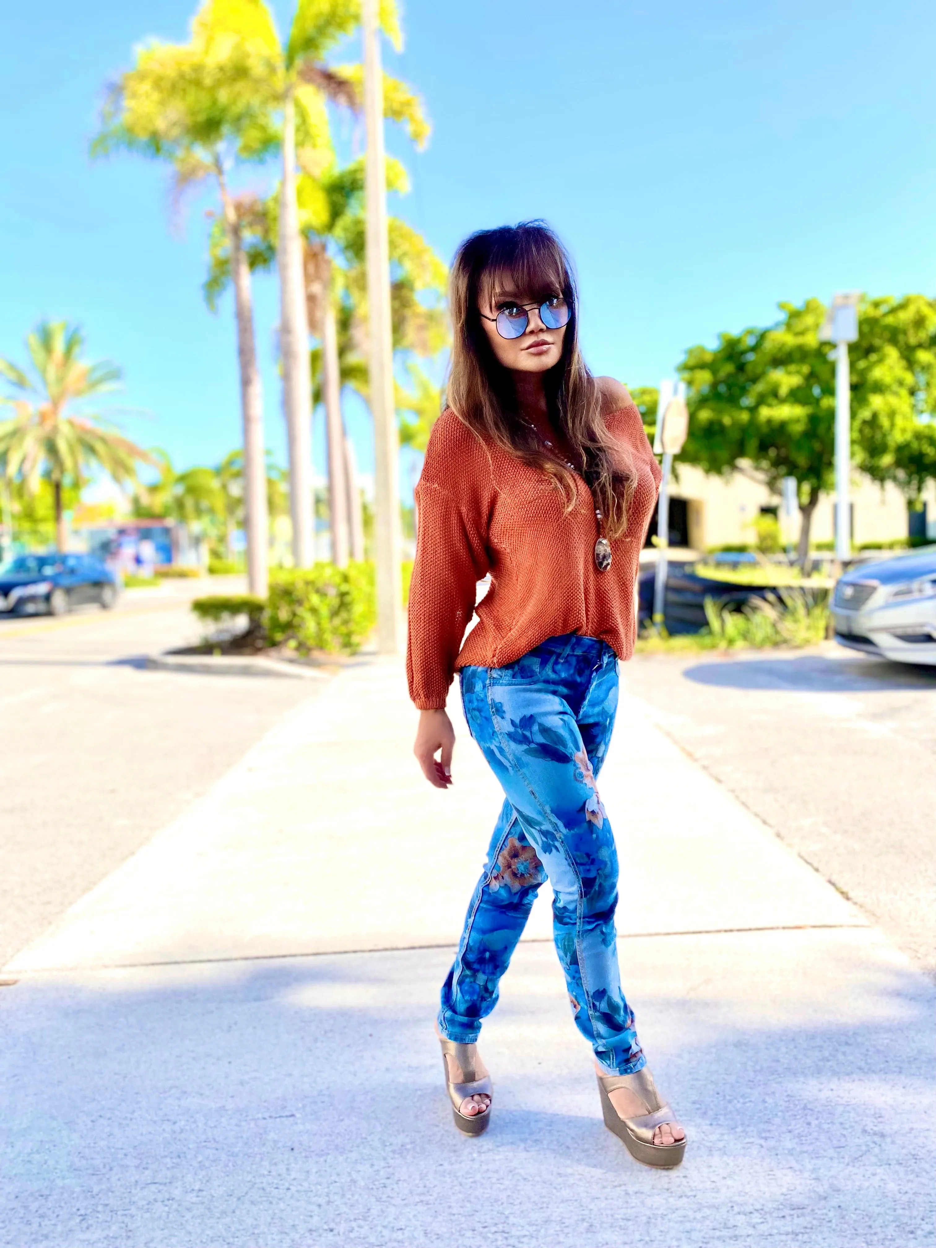 Blue Summer Floral Reversible Jeans