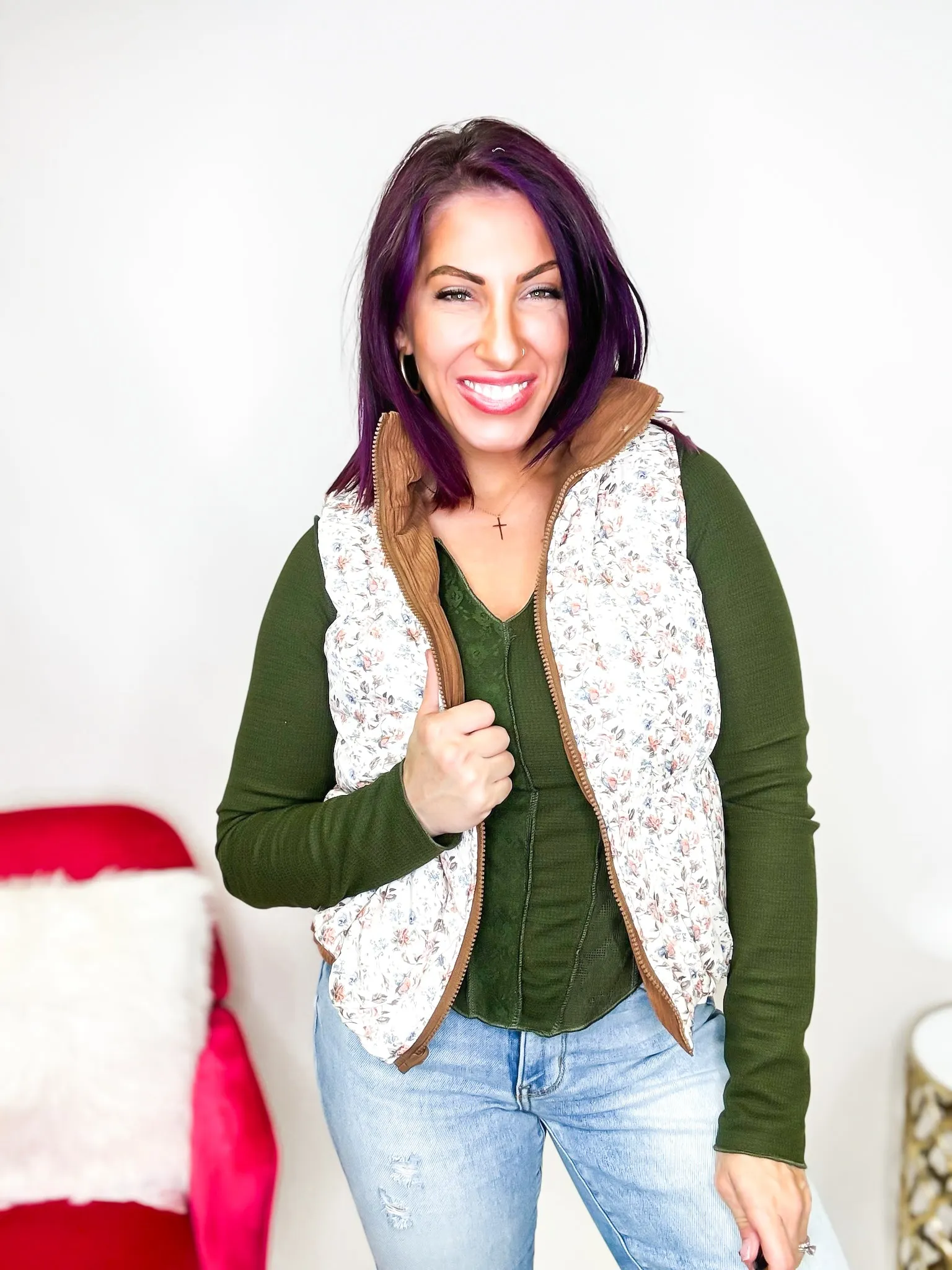 Brown and Floral Reversible Puffer Vest - Reg/Curvy