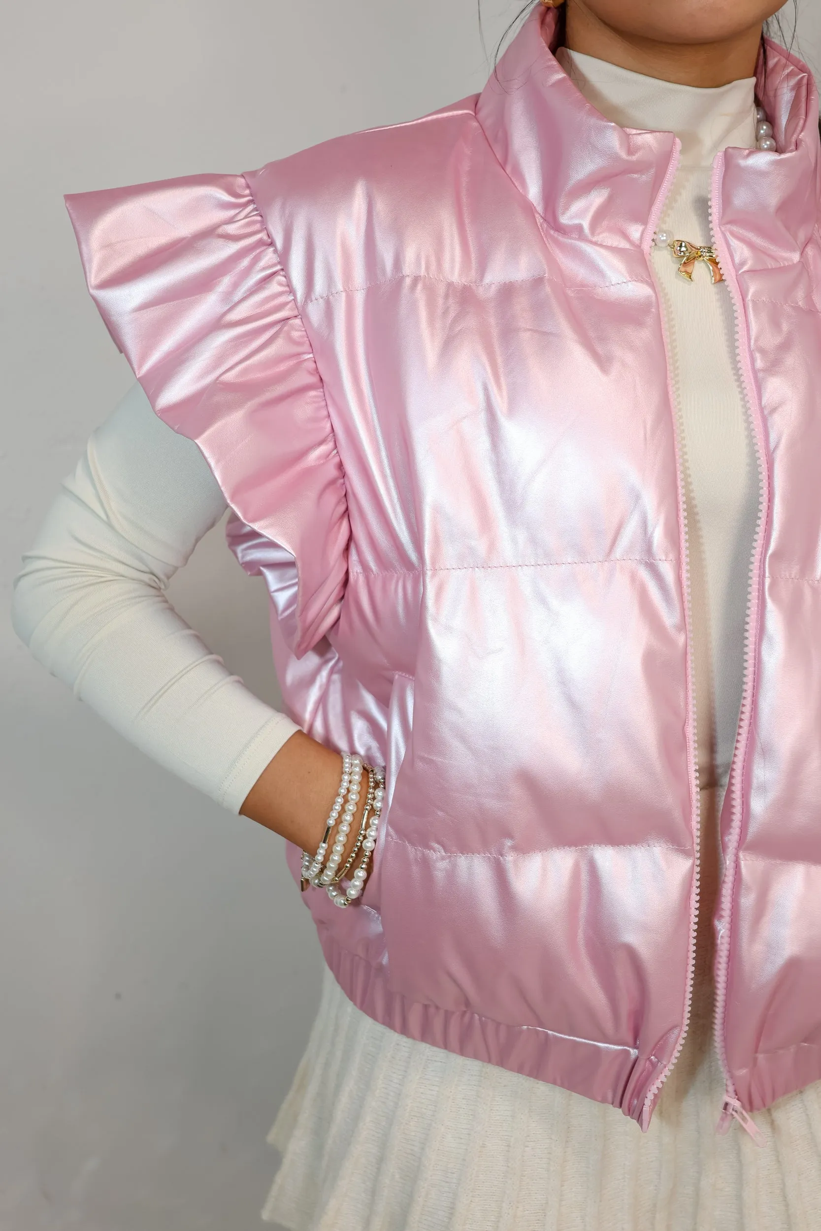 Callie Chrome Ruffled Puffer Vest