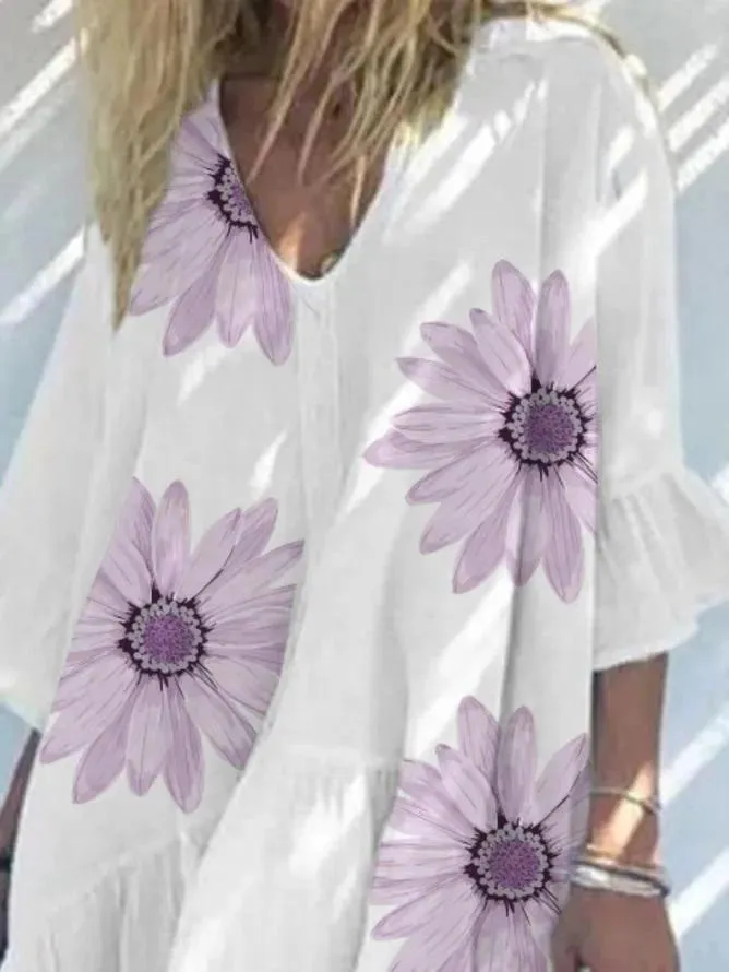 Casual V-Neck Short Sleeve Loose Printed Dress