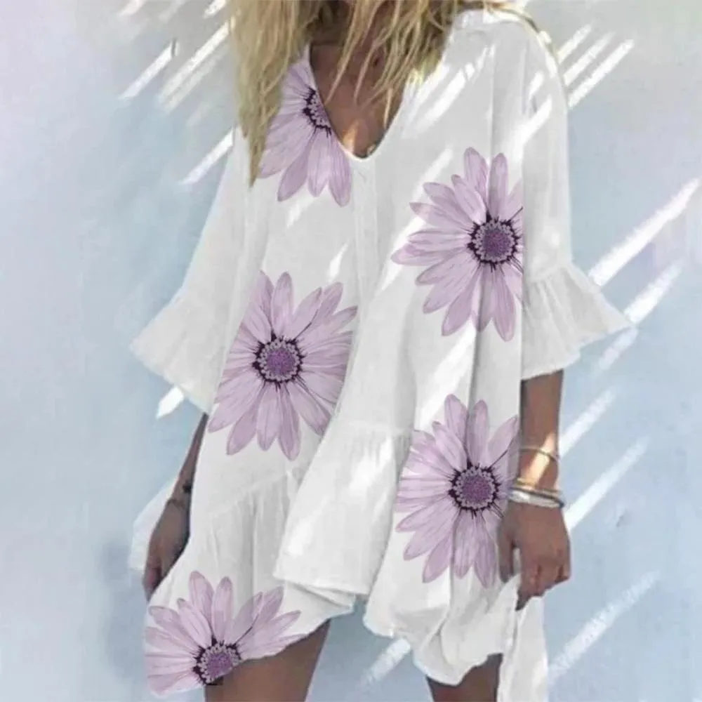 Casual V-Neck Short Sleeve Loose Printed Dress