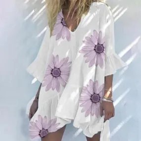 Casual V-Neck Short Sleeve Loose Printed Dress