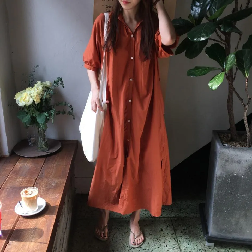 Chic Pleated collar shirt-style  Maxi dress