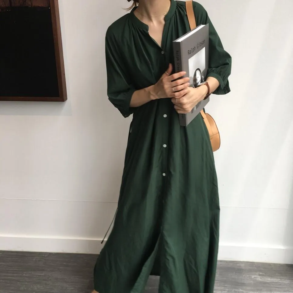 Chic Pleated collar shirt-style  Maxi dress