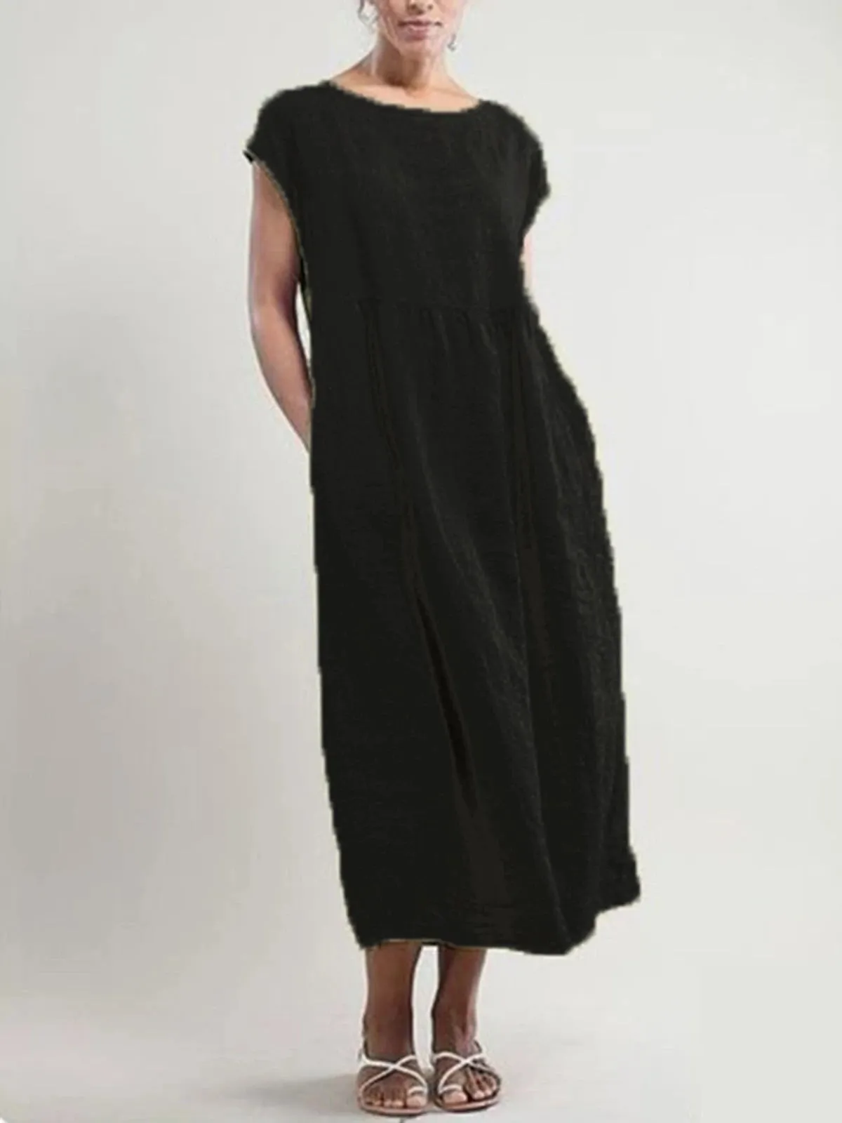 Crew Neck Women Dresses Shift Daily Cotton Pockets Dresses