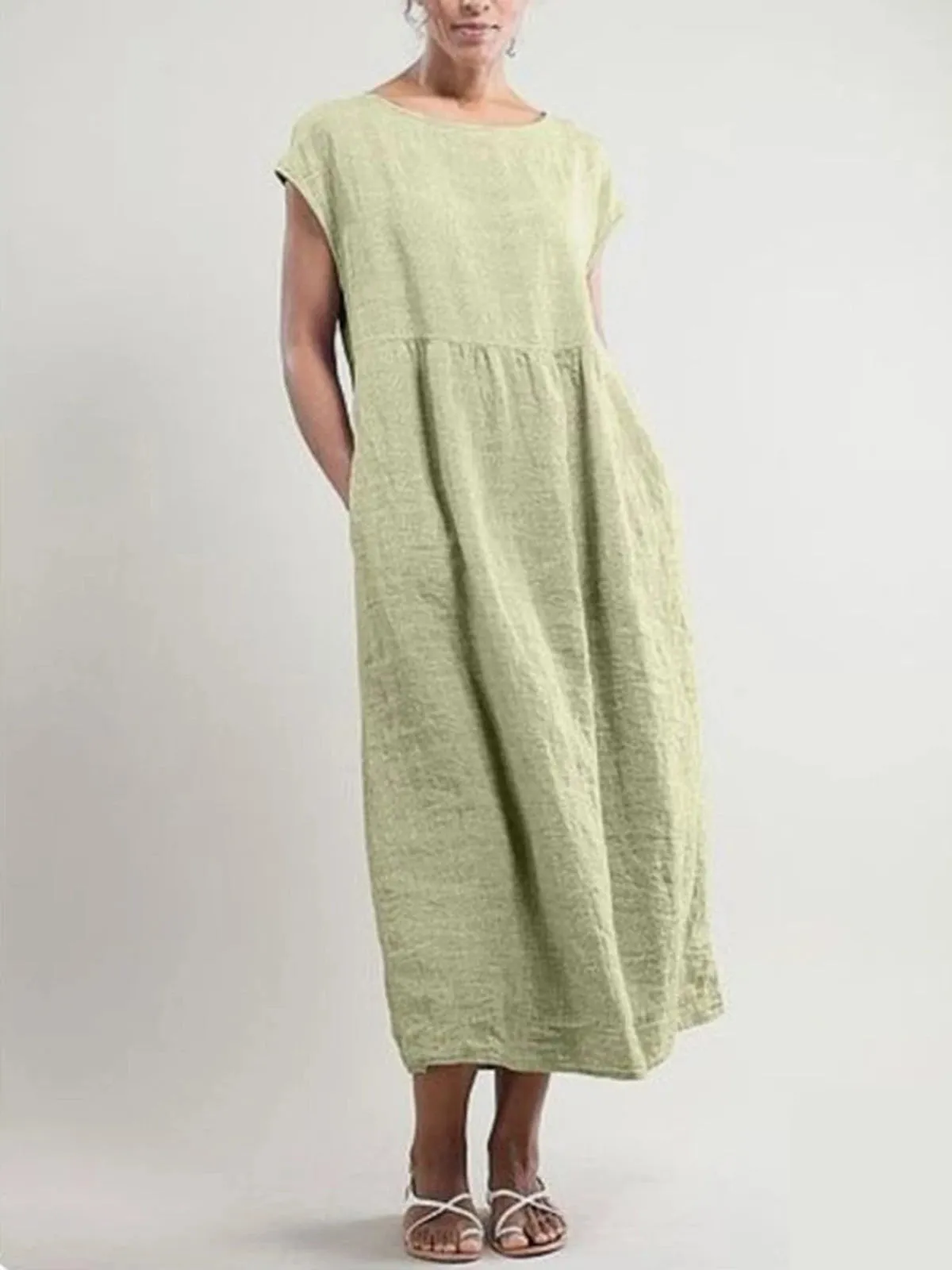 Crew Neck Women Dresses Shift Daily Cotton Pockets Dresses