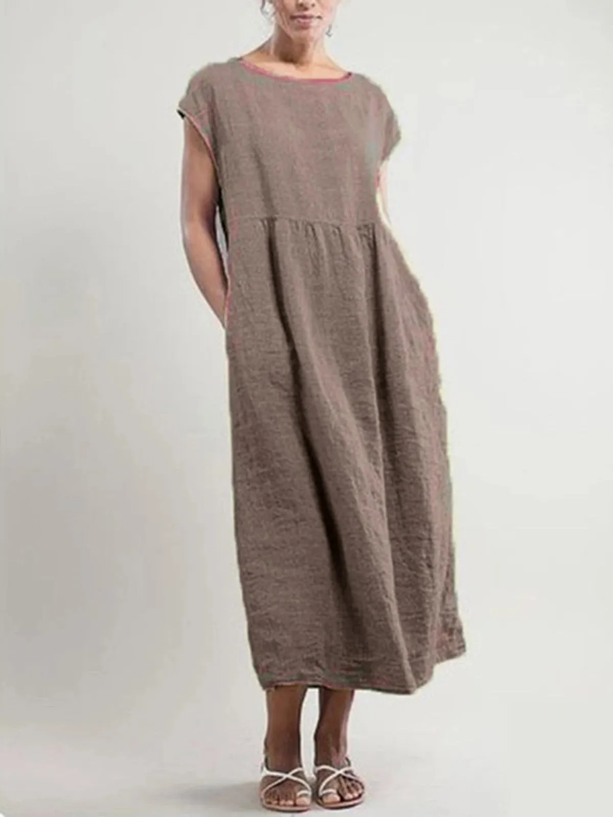 Crew Neck Women Dresses Shift Daily Cotton Pockets Dresses