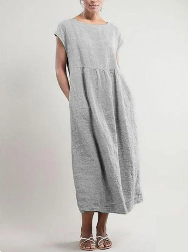 Crew Neck Women Dresses Shift Daily Cotton Pockets Dresses