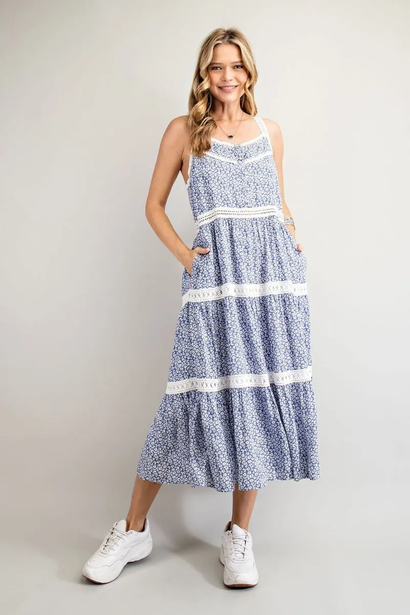 Easel Floral Printed Crochet Tape Detailing Pleated Long Dress