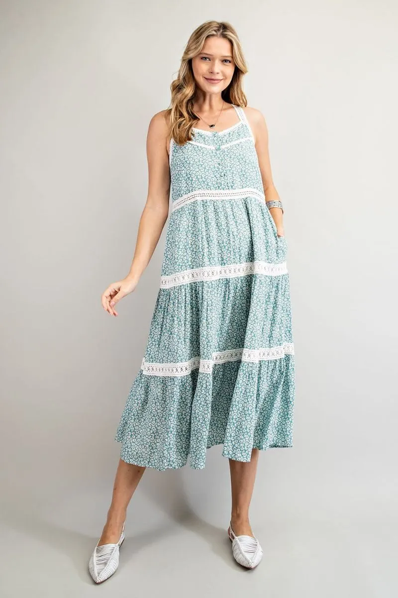 Easel Floral Printed Crochet Tape Detailing Pleated Long Dress