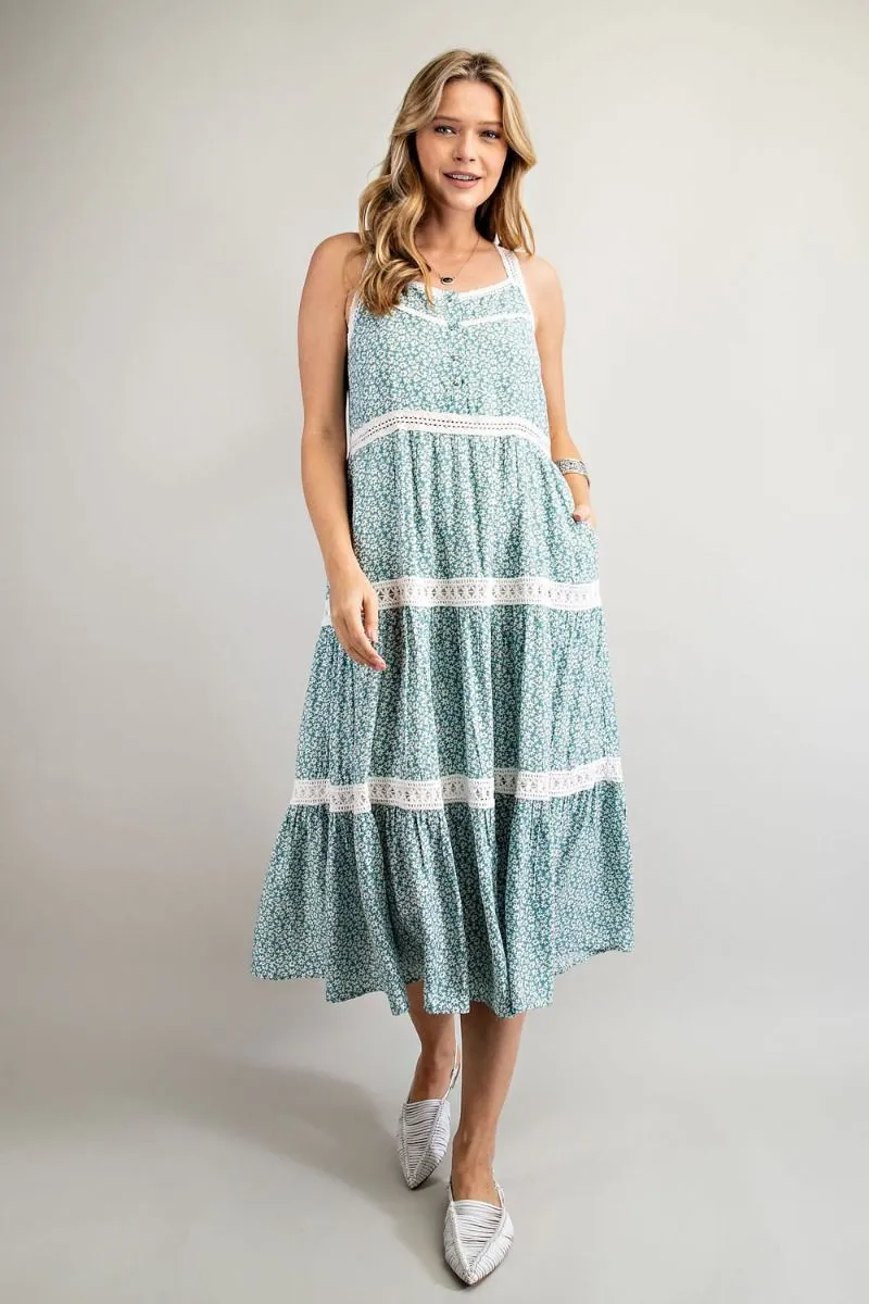 Easel Floral Printed Crochet Tape Detailing Pleated Long Dress