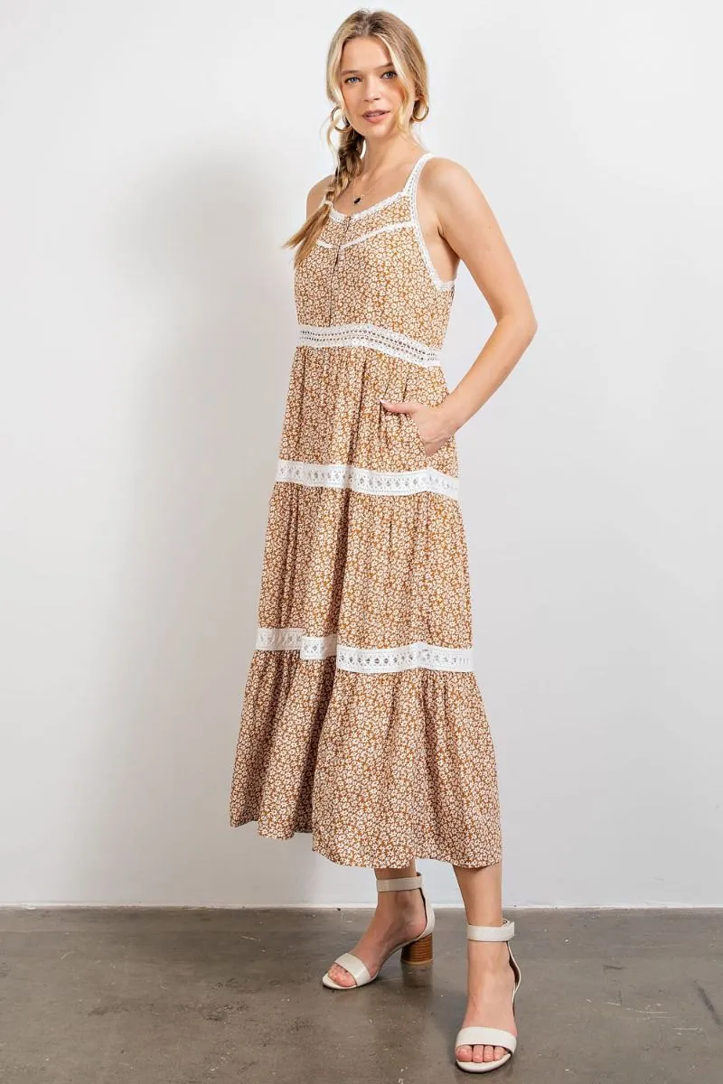 Easel Floral Printed Crochet Tape Detailing Pleated Long Dress
