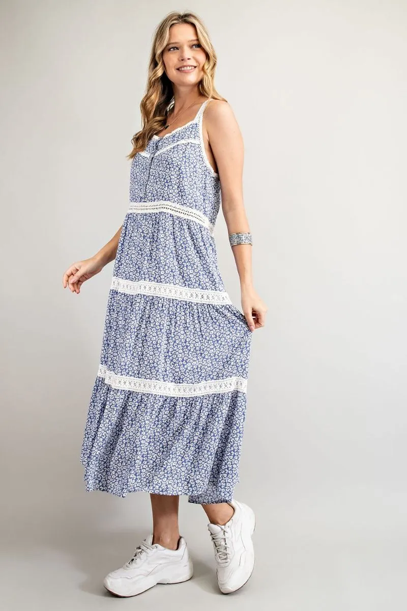 Easel Floral Printed Crochet Tape Detailing Pleated Long Dress