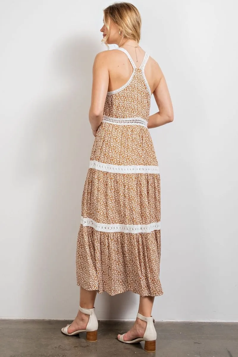 Easel Floral Printed Crochet Tape Detailing Pleated Long Dress