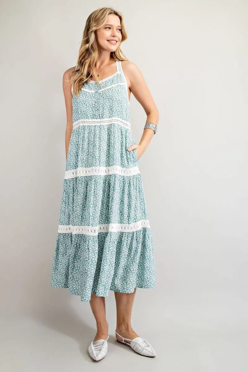 Easel Floral Printed Crochet Tape Detailing Pleated Long Dress