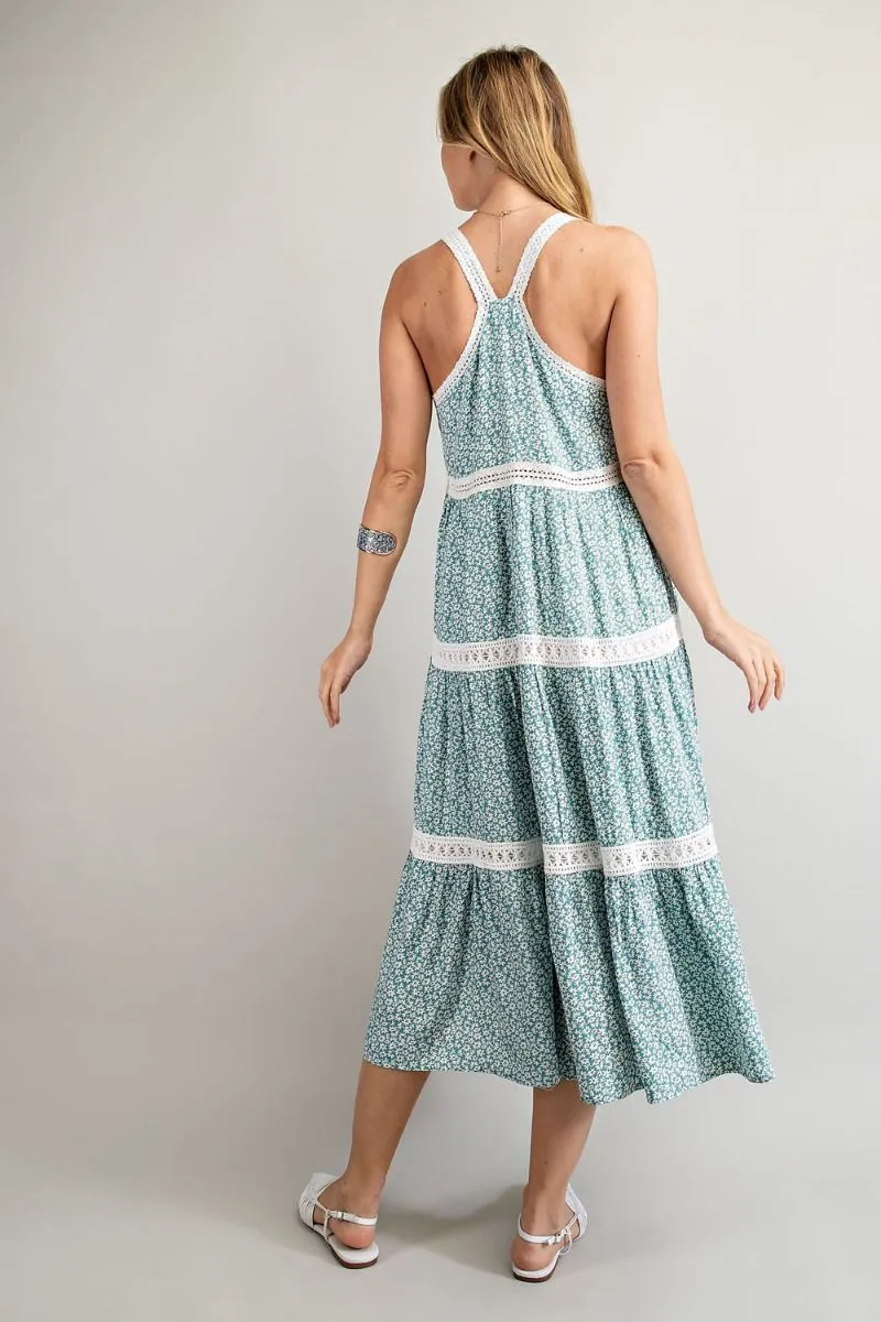 Easel Floral Printed Crochet Tape Detailing Pleated Long Dress