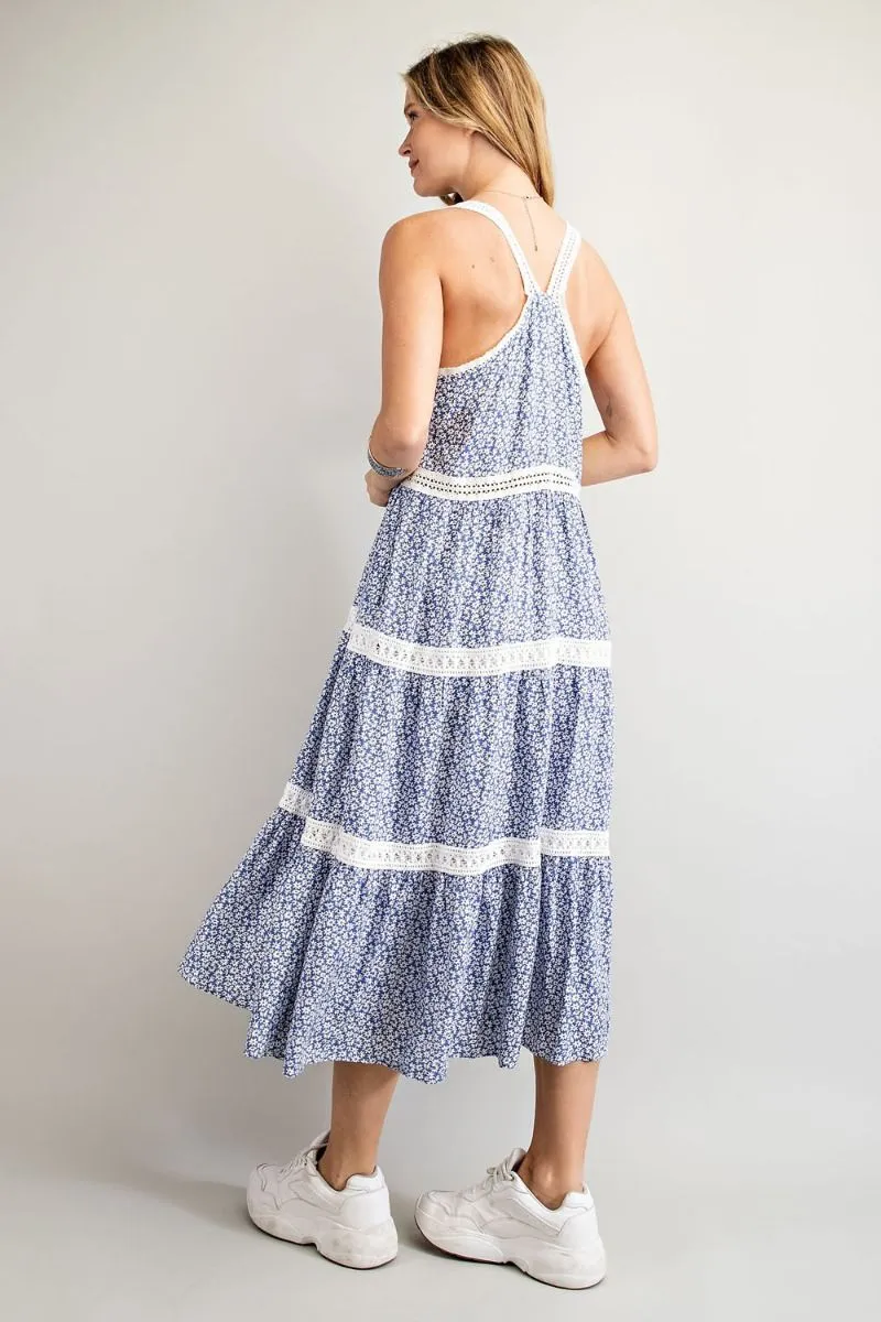 Easel Floral Printed Crochet Tape Detailing Pleated Long Dress