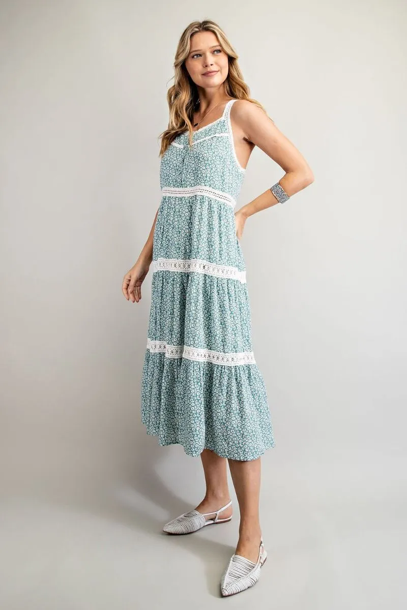 Easel Floral Printed Crochet Tape Detailing Pleated Long Dress
