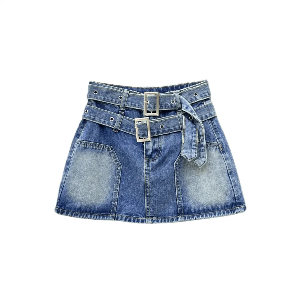 Fashion Women's Denim Skirt Metal Buckle Double Belt High Waist Yellow Streetwear Mini Skirts