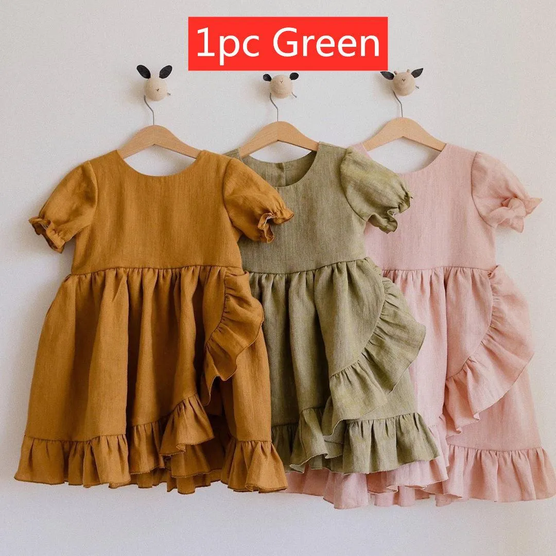 Girls' Dresses, Princess Dresses, Cotton And Linen Short-sleeved Ruffles