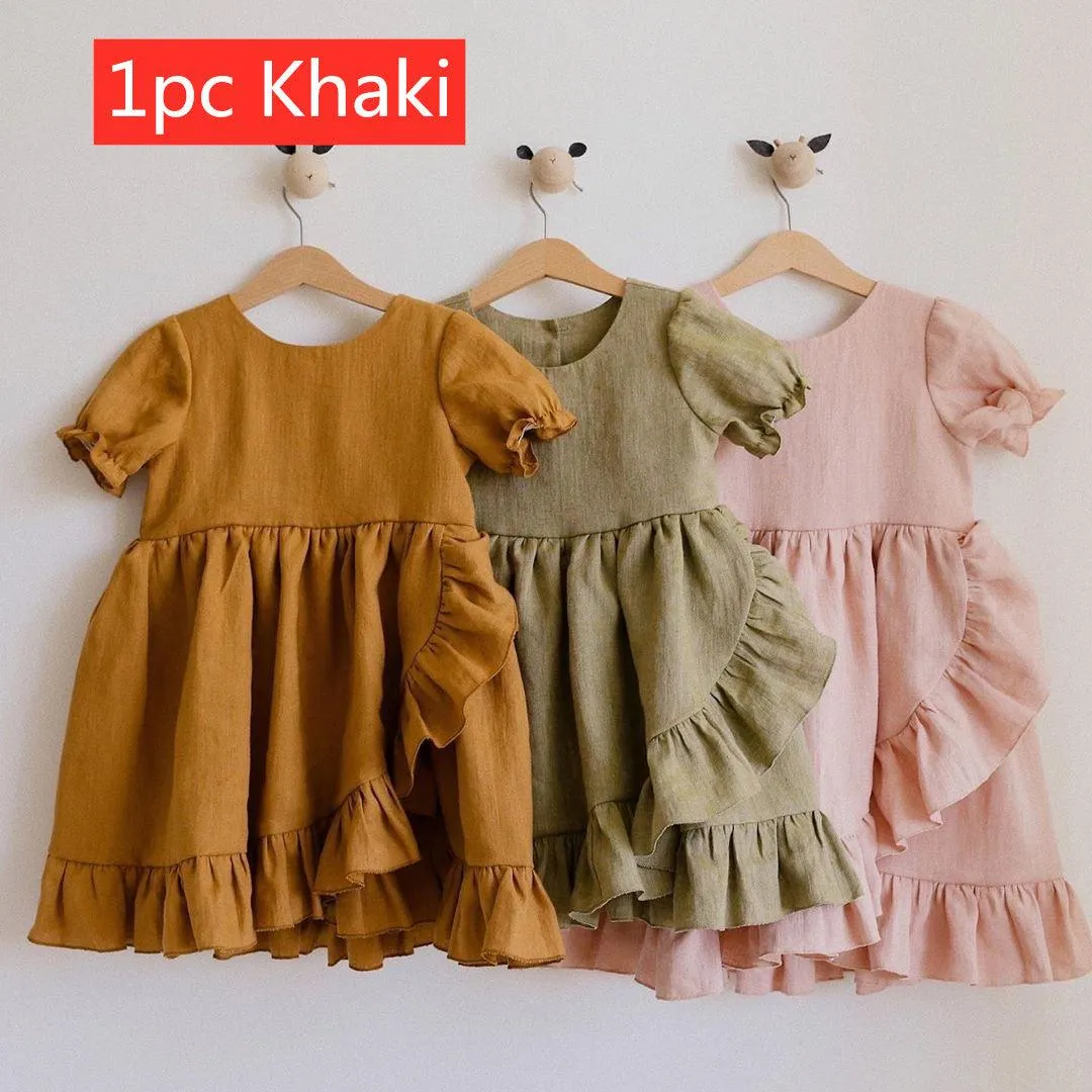 Girls' Dresses, Princess Dresses, Cotton And Linen Short-sleeved Ruffles