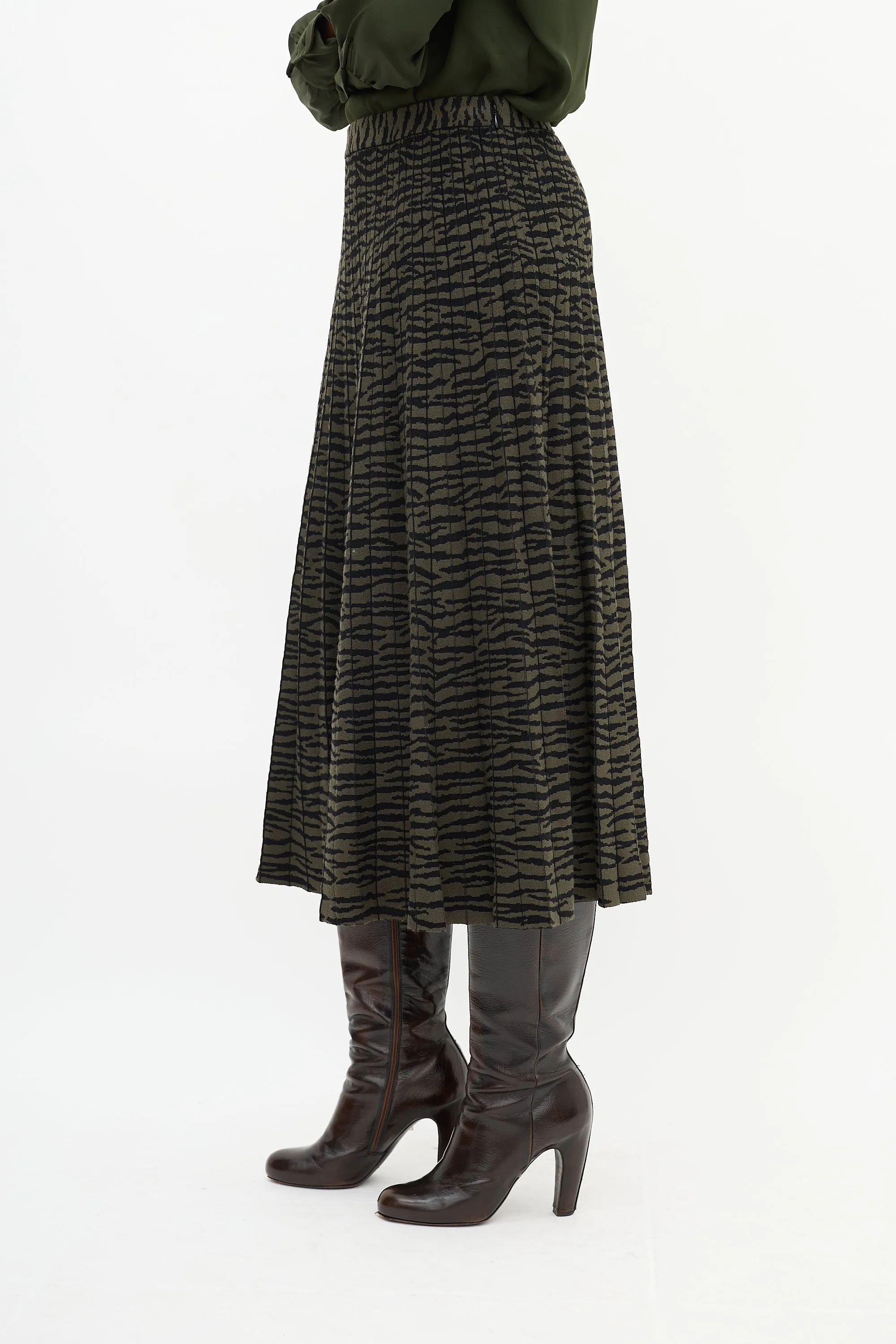 Green & Black Intarsia Stripe Pleated Midi Skirt