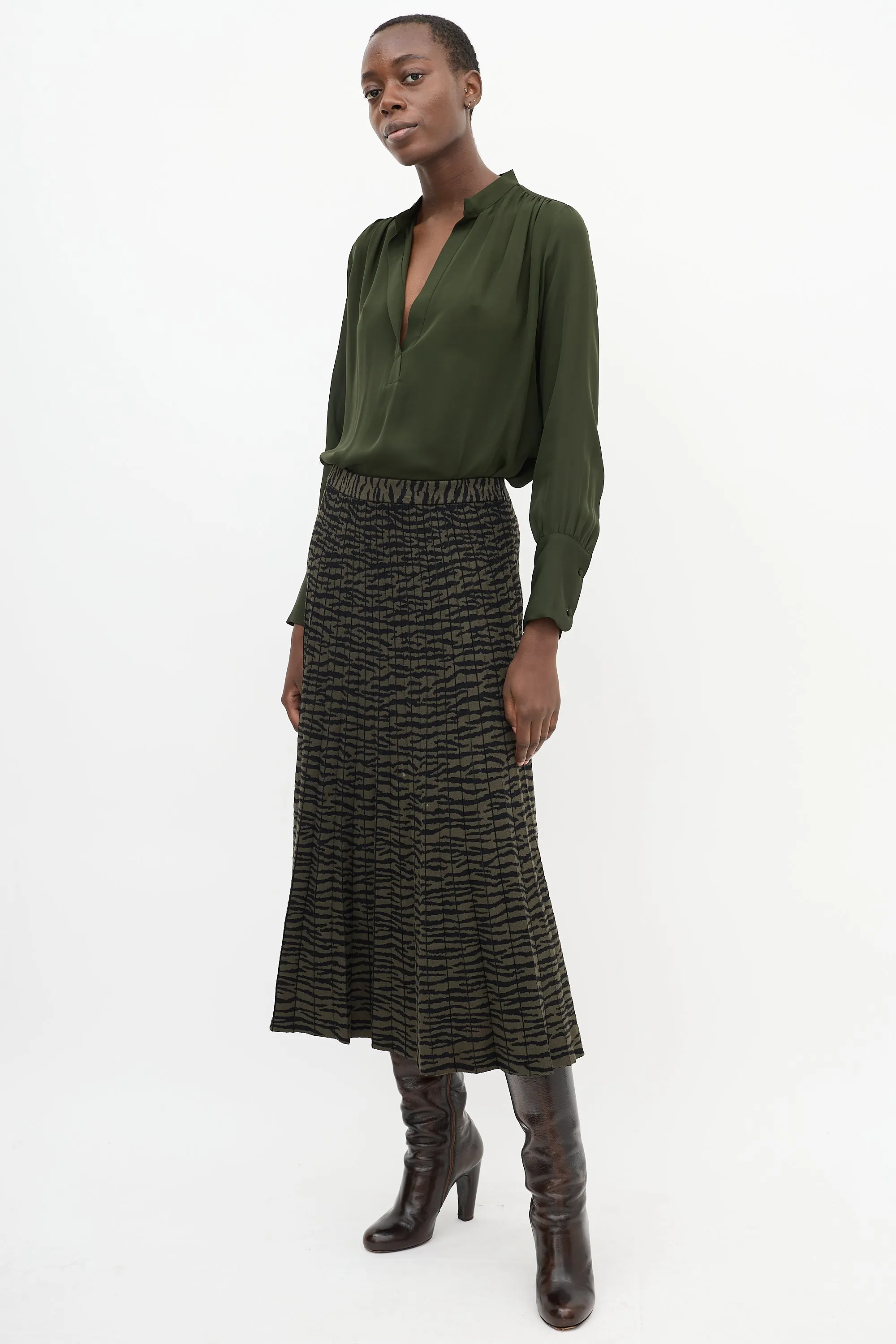 Green & Black Intarsia Stripe Pleated Midi Skirt