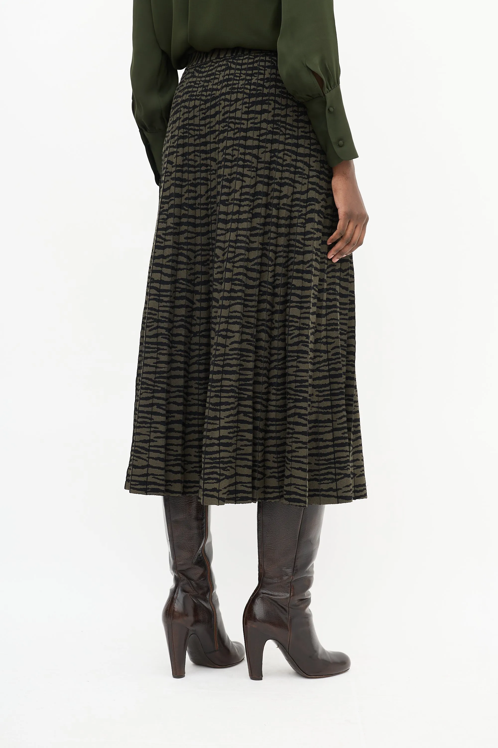 Green & Black Intarsia Stripe Pleated Midi Skirt