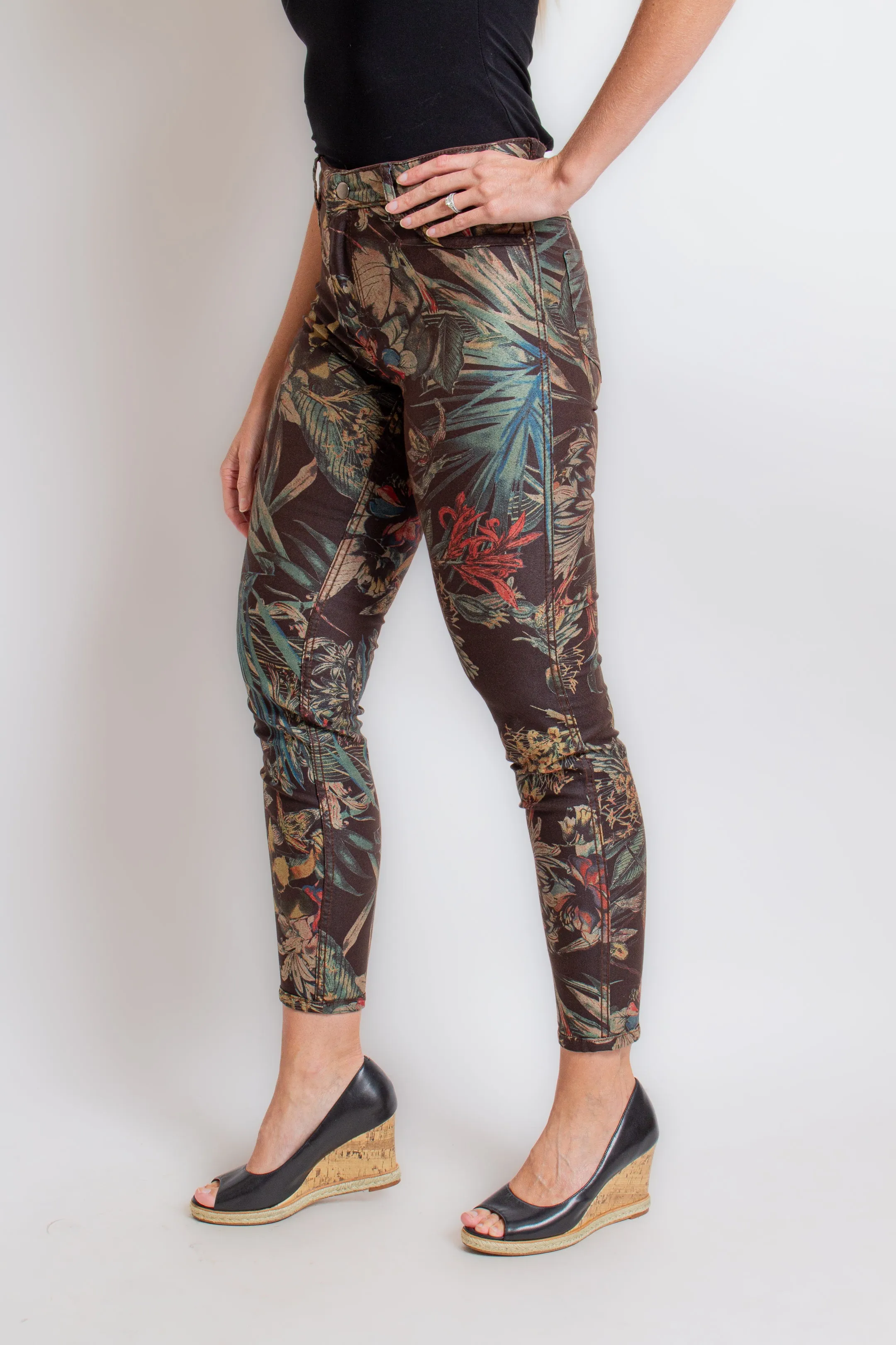 Green & Brown Floral Reversible Skinny Jeans