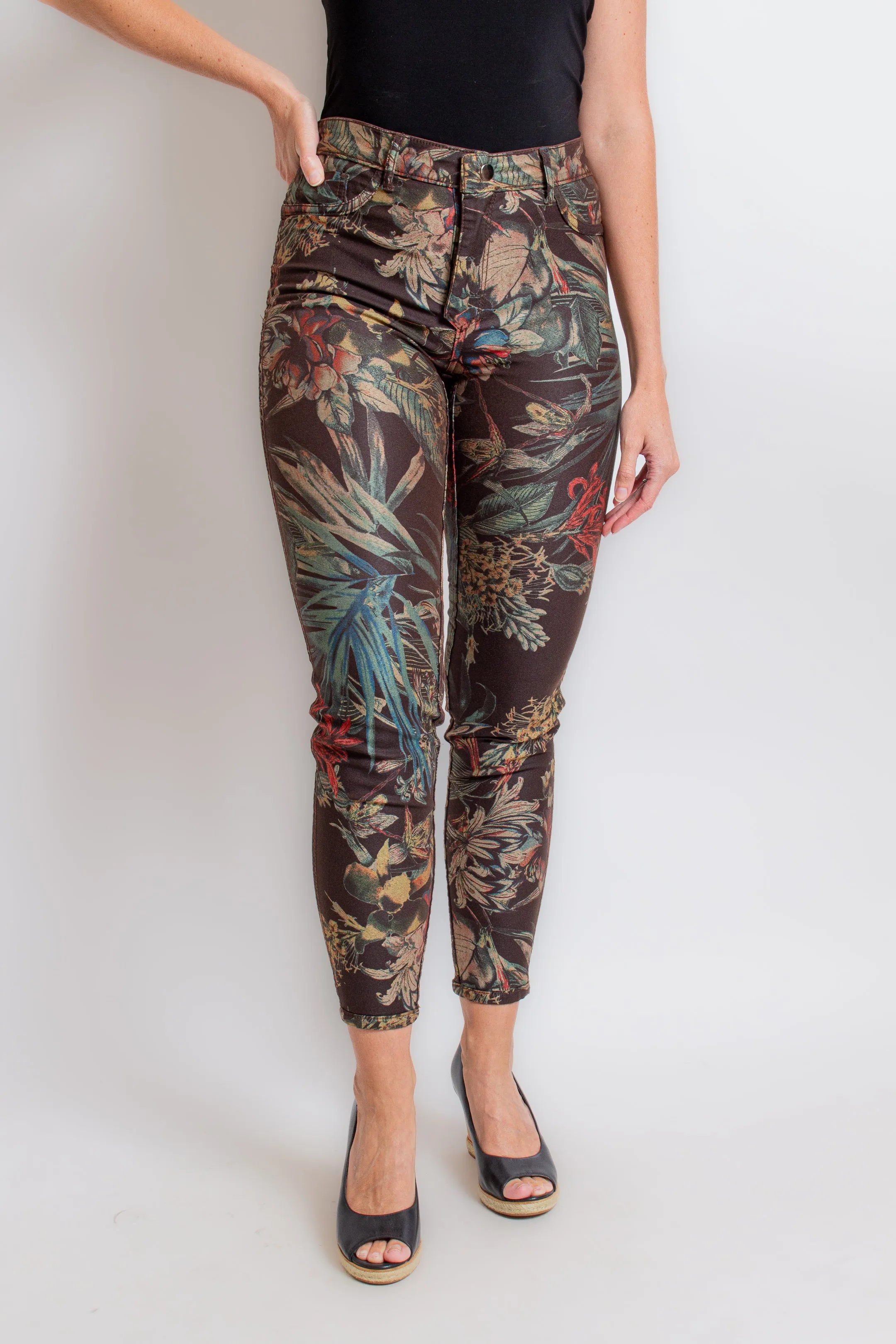Green & Brown Floral Reversible Skinny Jeans