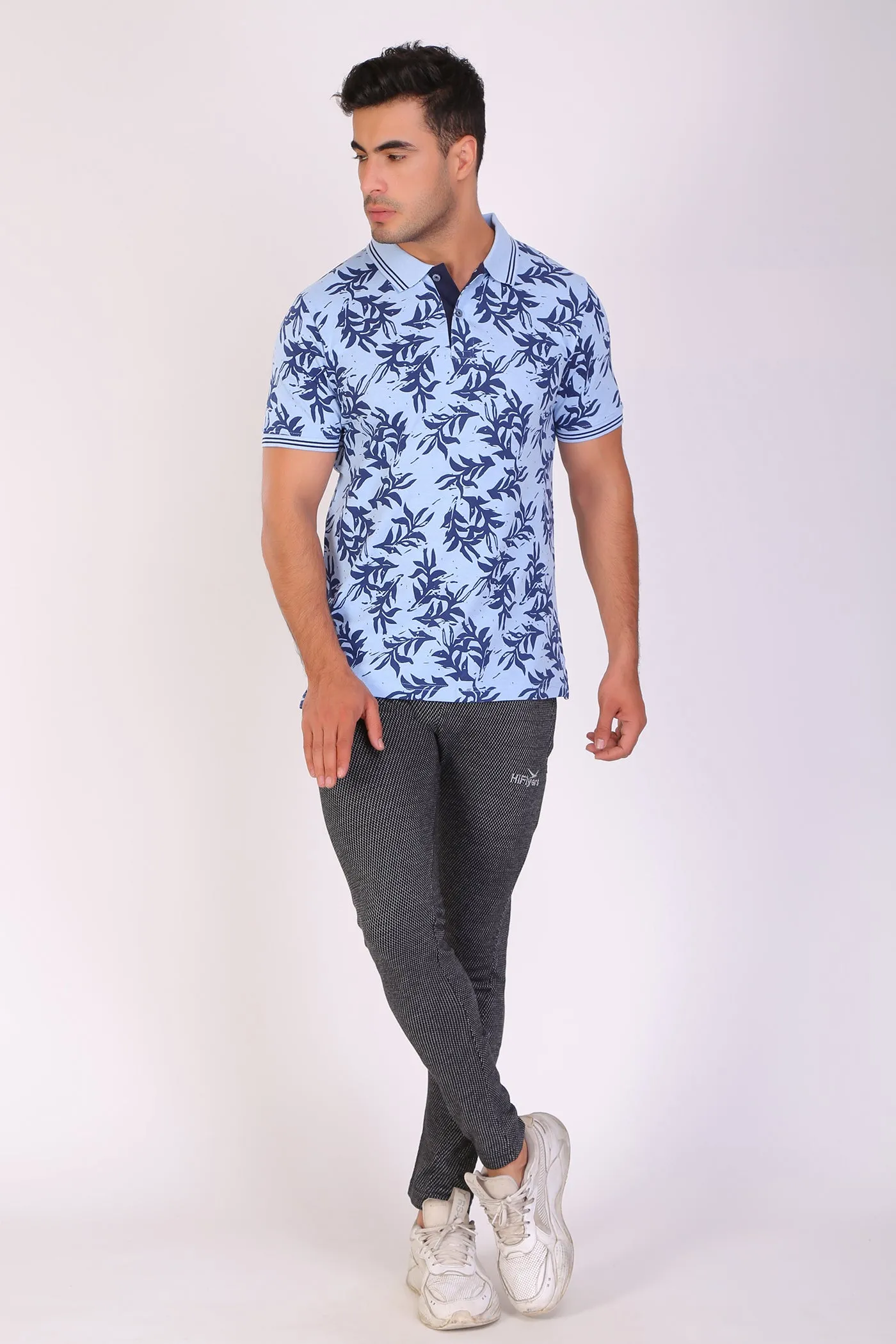 HiFlyers Men Slim Fit Printed Collar Tshirts Blue