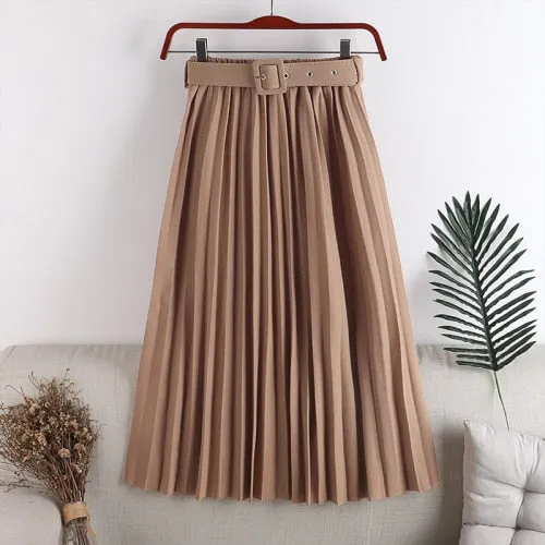 High-Waist Pleated Skirt with Belt