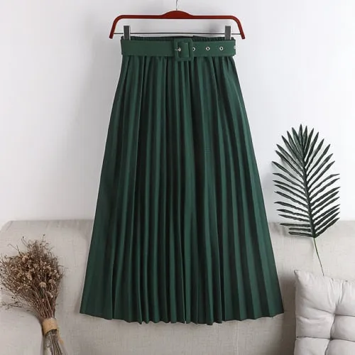 High-Waist Pleated Skirt with Belt